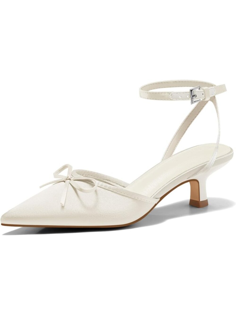 Women's Beige Satin Kitten Low Heels with Bow Closed Pointed Toe Pumps Shoes